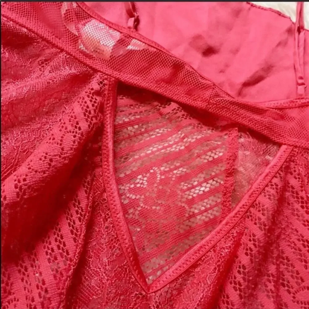 VS Victoria’s Secret Red Sheer Satin Lace Babydoll Chemise Tank Top Lingerie M - Picture 5 of 6